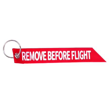 Schlüsselband REMOVE BEFORE FLIGHT aus Stoff rot